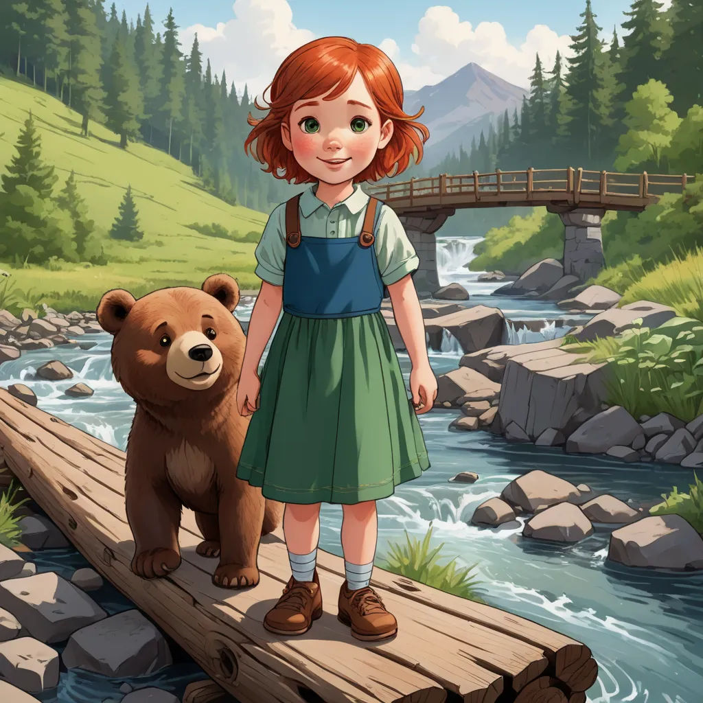 a girl standing on a log next to a bear on a river bank with a bridge in the background, sots art, a storybook illustration, Ada Gladys Killins, storybook illustration