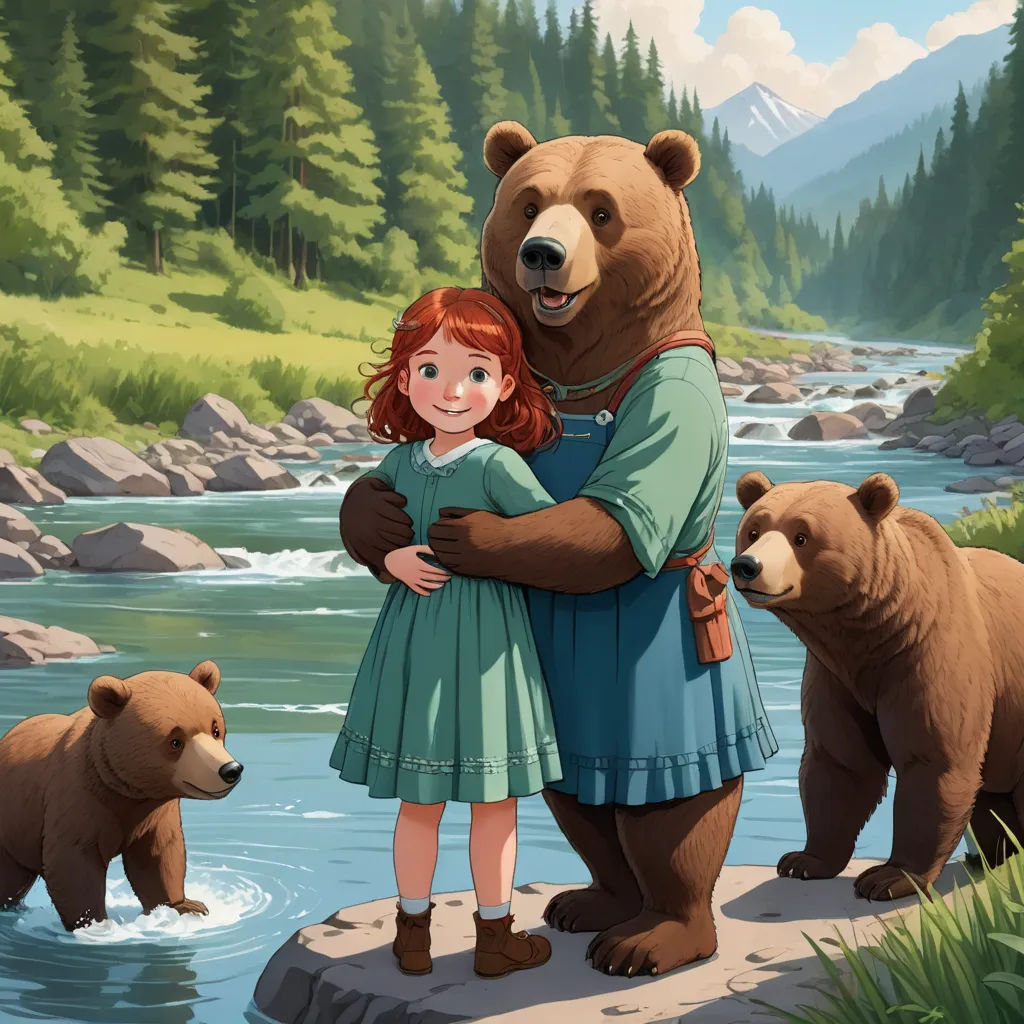 a girl hugging a bear in a river with other bears around her and a mountain in the background with trees, furry art, a storybook illustration, Chris LaBrooy, storybook illustration