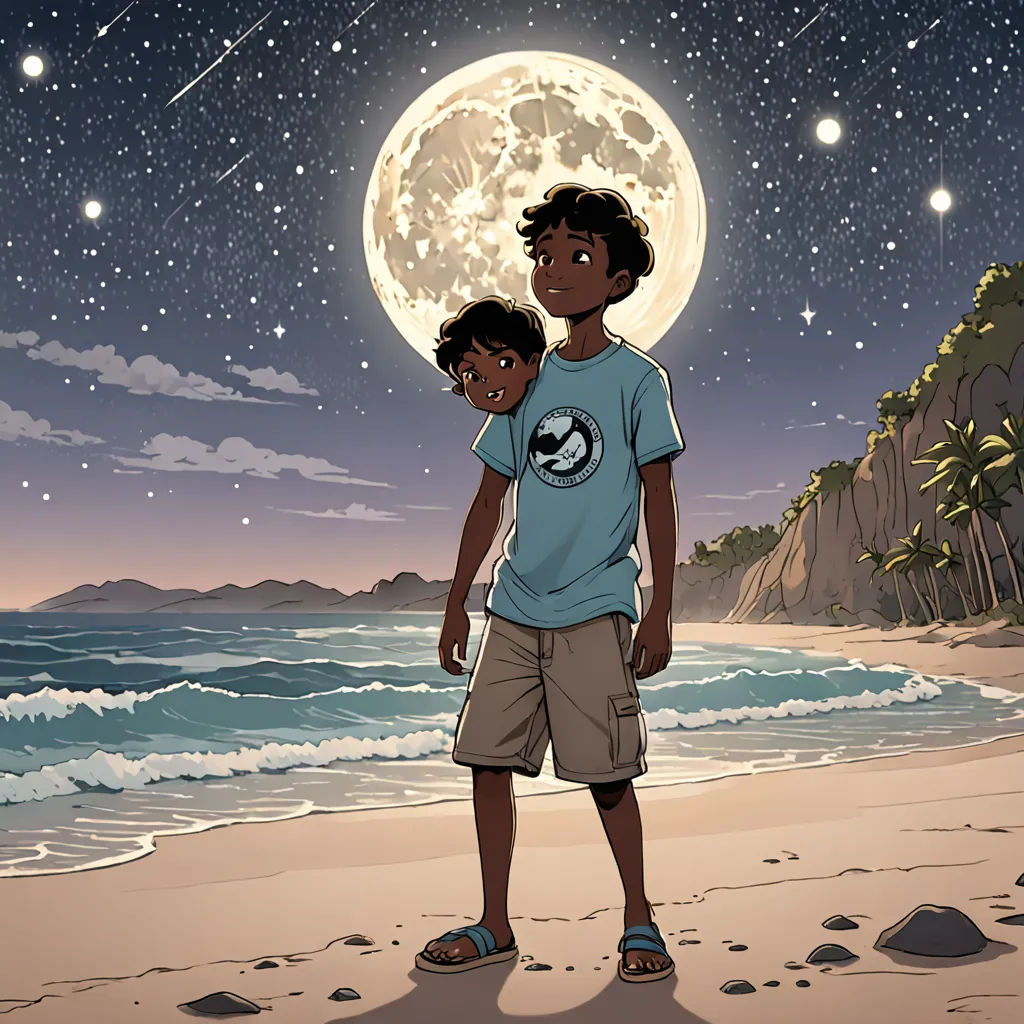 a boy and a boy standing on a beach under a full moon and stars filled sky with stars and a star filled sky, afrofuturism, poster art, Asaf Hanuka, comic cover art