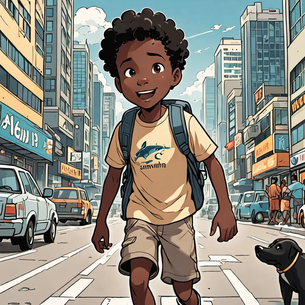 a boy walking down a street with a dog on a leash in front of him and a cityscape in the background, afrofuturism, a comic book panel, Asaf Hanuka, comic cover art