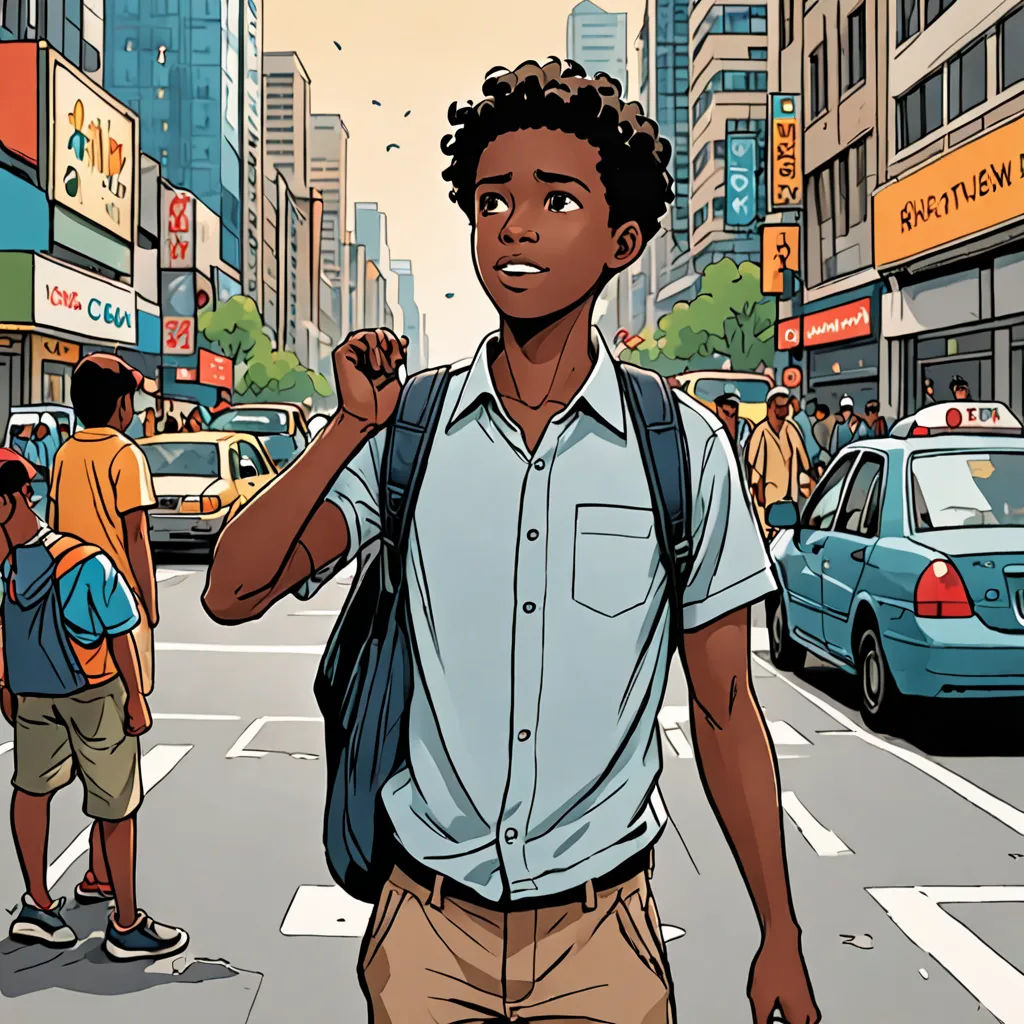 a man walking down a street with a backpack on his back and a backpack on his shoulder, in front of a busy city street, harlem renaissance, a comic book panel, Asaf Hanuka, comic cover art