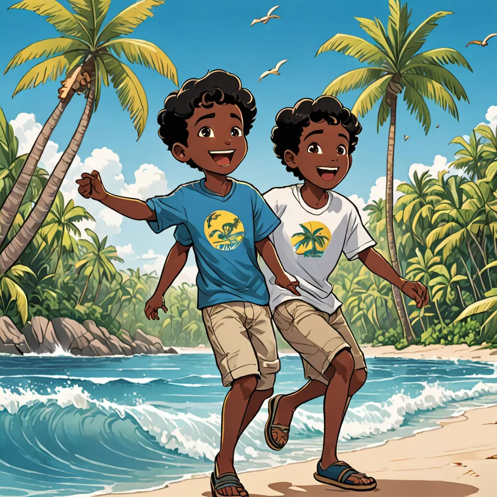 two children running on the beach near the ocean with palm trees in the background and a bird flying overhead, afrofuturism, a storybook illustration, Brothers Hildebrandt, comic cover art