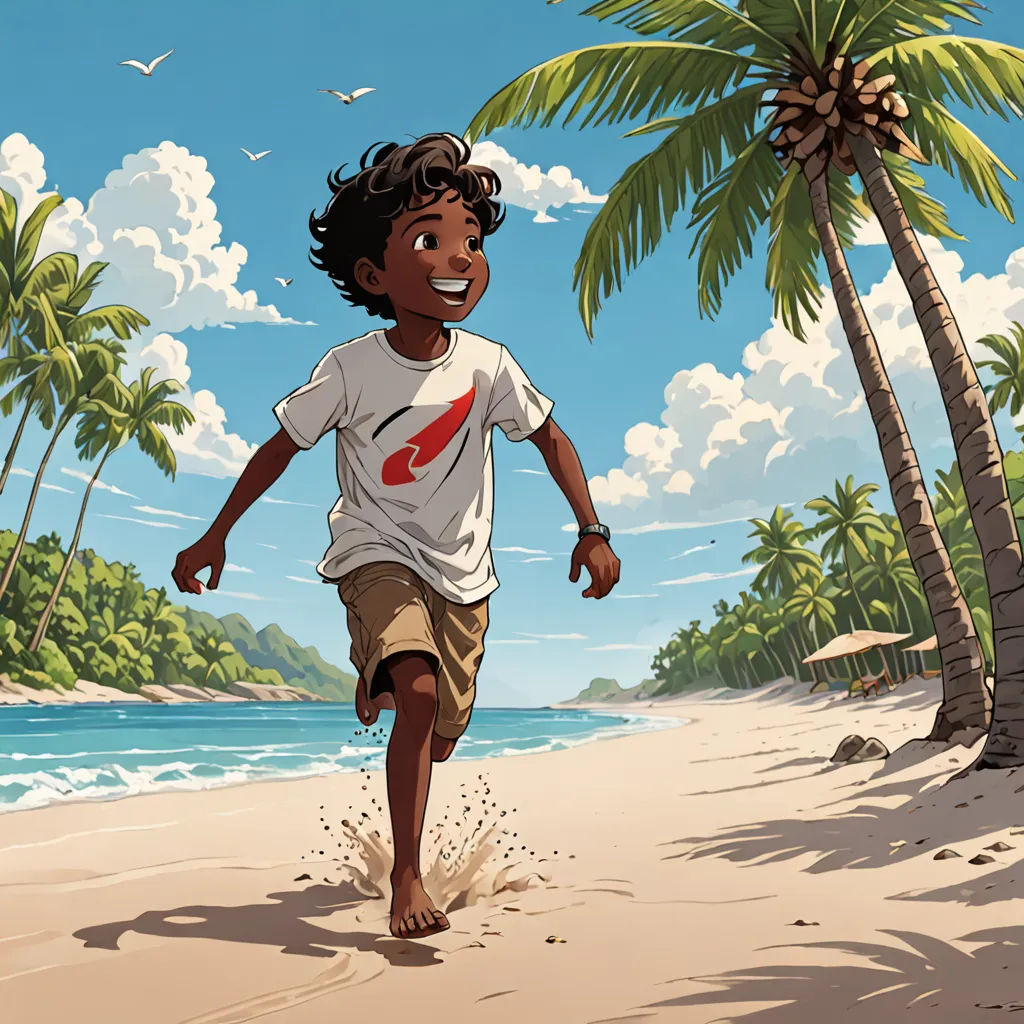 a boy running on a beach with palm trees in the background and a blue sky with clouds in the background, photorealism, a comic book panel, Cliff Childs, comic cover art