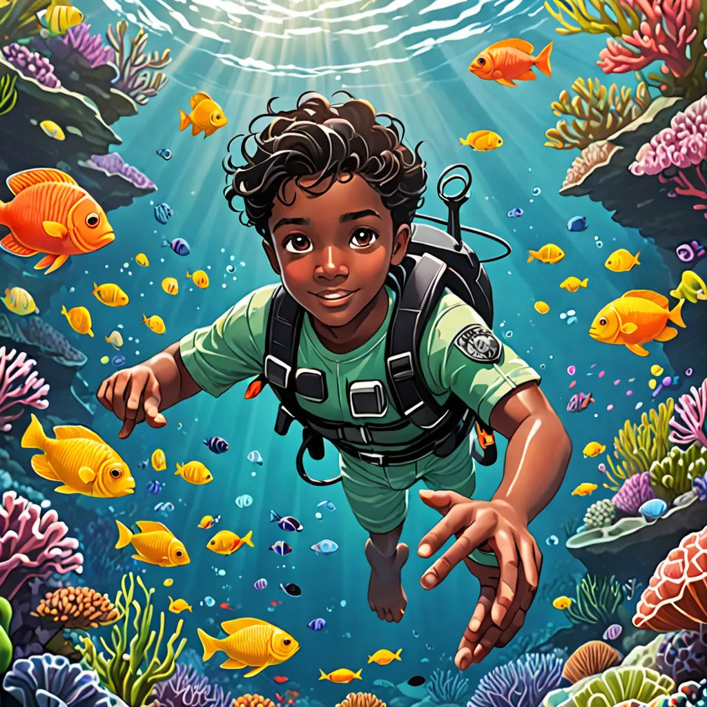 a boy diving in the ocean with a scuba suit on and a life jacket on, with a fish and corals in the background, afrofuturism, a storybook illustration, Asaf Hanuka, comic cover art