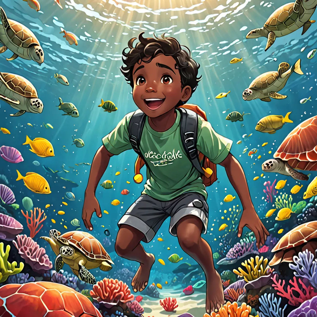 a boy is standing in the water with a backpack on and a turtle in the background with a sunbeam, magical realism, a storybook illustration, Cliff Childs, rossdraws global illumination
