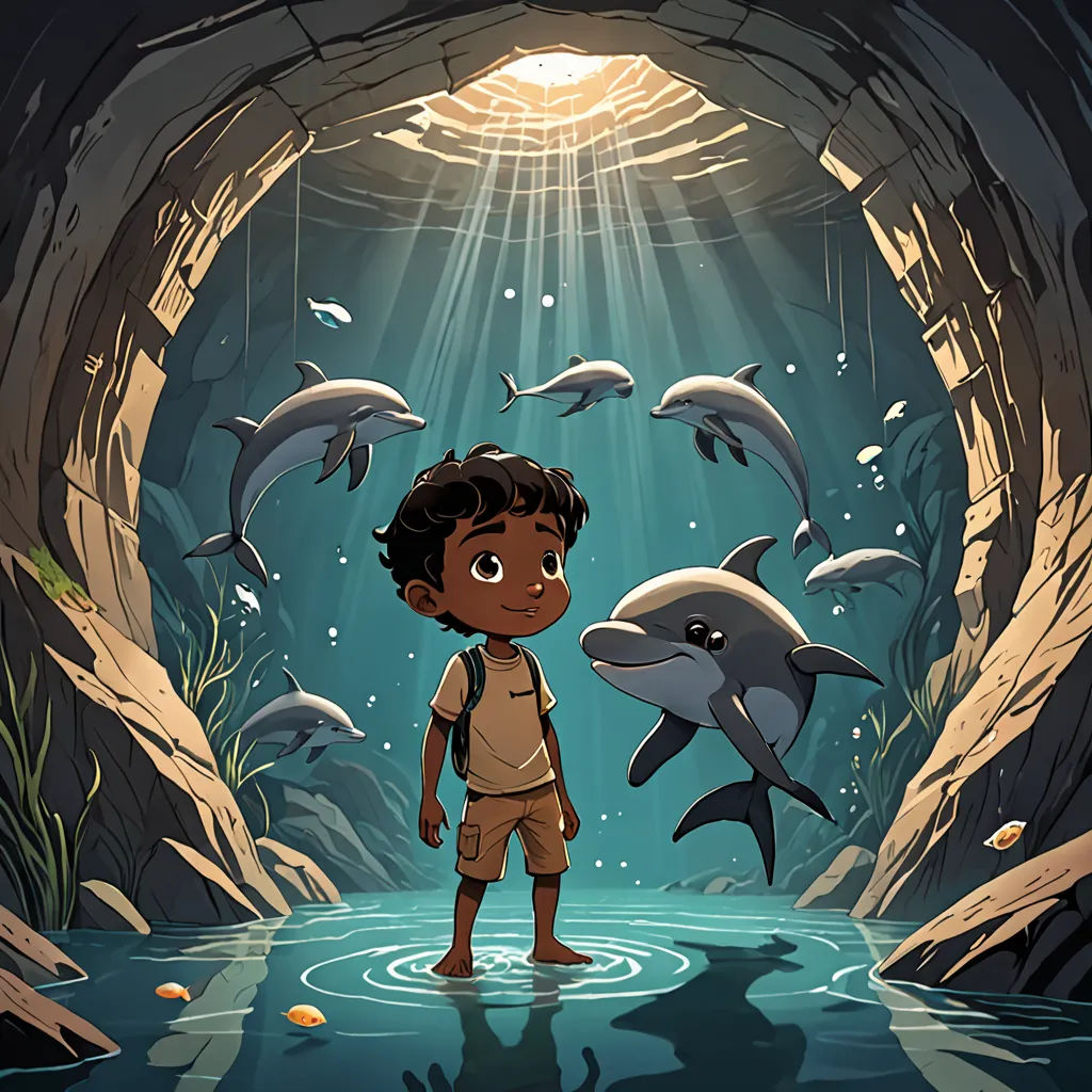 a boy standing in a cave with dolphins swimming around him and a light shining down on him from above, magical realism, a storybook illustration, Cliff Childs, comic cover art
