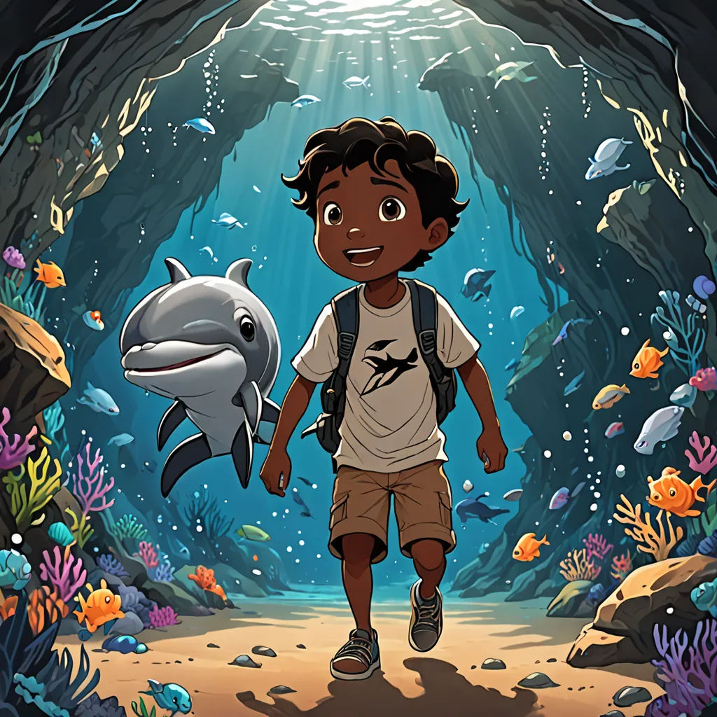 a boy is walking through a cave with a dolphin and a dolphin in it's mouth and a fish in his mouth, rayonism, a storybook illustration, Cliff Childs, comic cover art