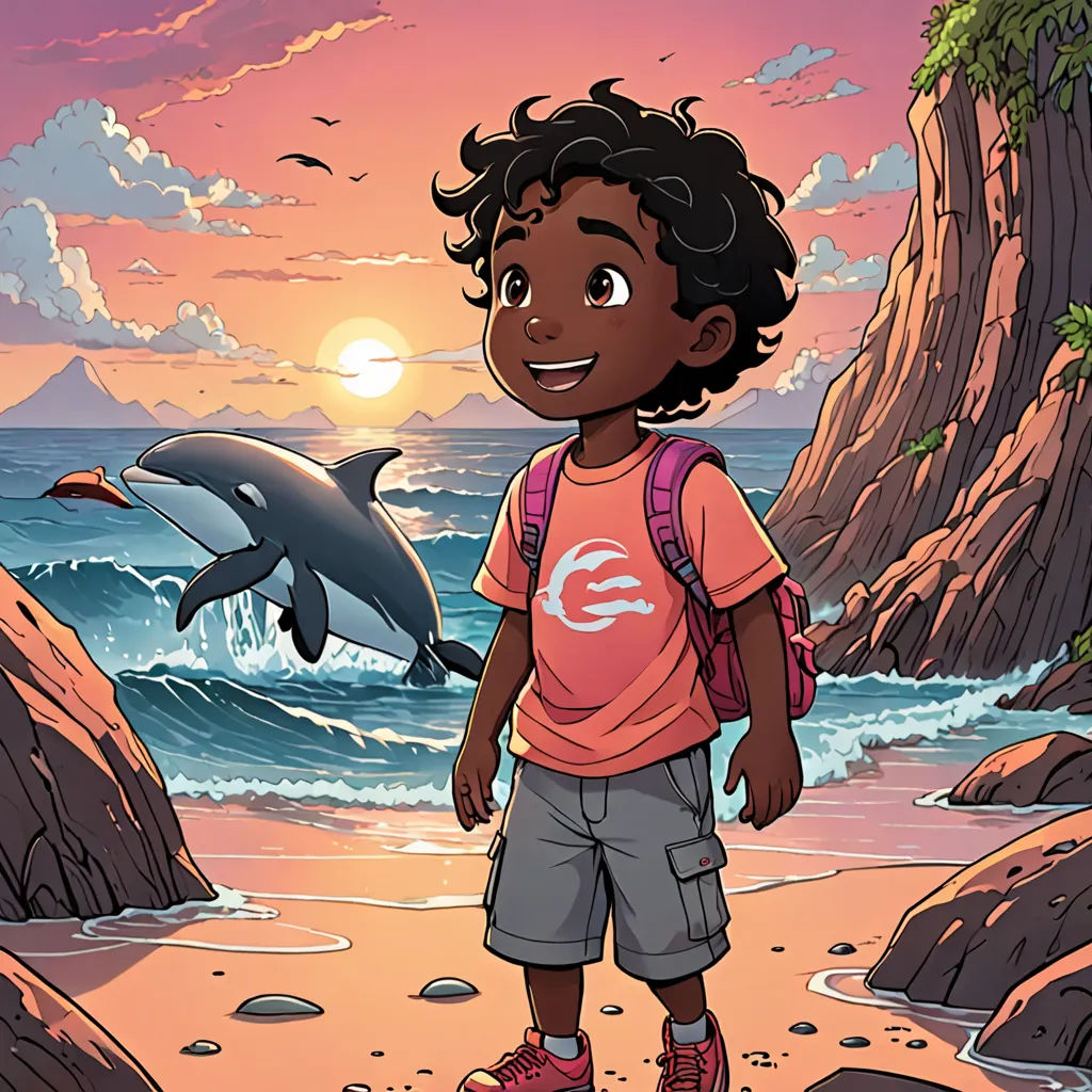 a boy standing on a beach next to a dolphin and a dolphin swimming in the ocean with a pink sky, afrofuturism, a storybook illustration, Everett Warner, comic cover art