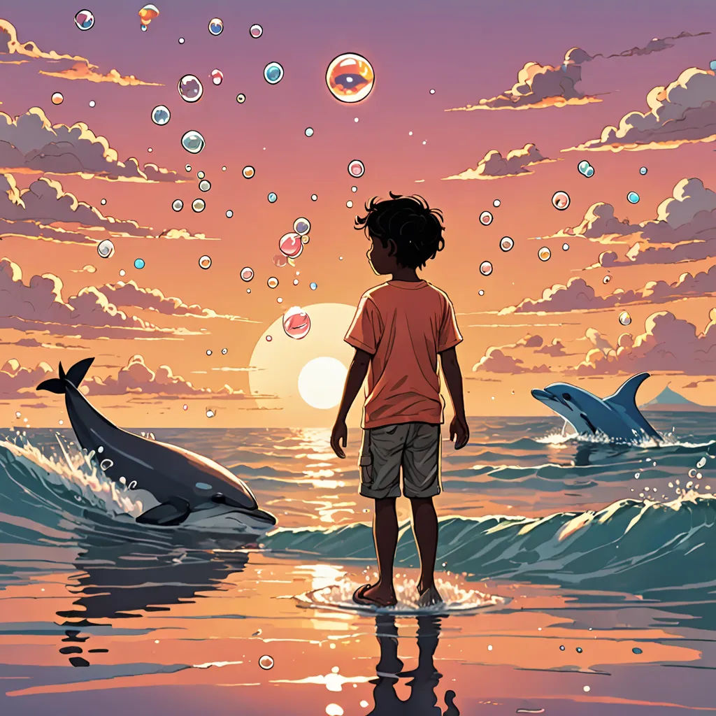a boy standing on a beach next to a dolphin and a dolphin swimming in the ocean at sunset with bubbles floating in the air, afrofuturism, a comic book panel, Chris LaBrooy, comic cover art