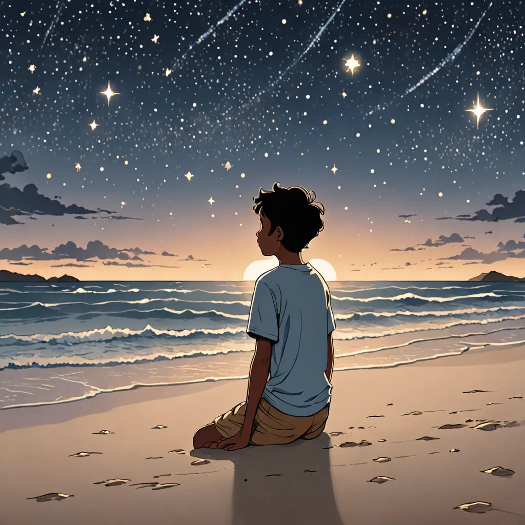 a boy sitting on the beach watching the stars in the sky above the ocean and the ocean below him, space art, a comic book panel, Asaf Hanuka, yukito kishiro
