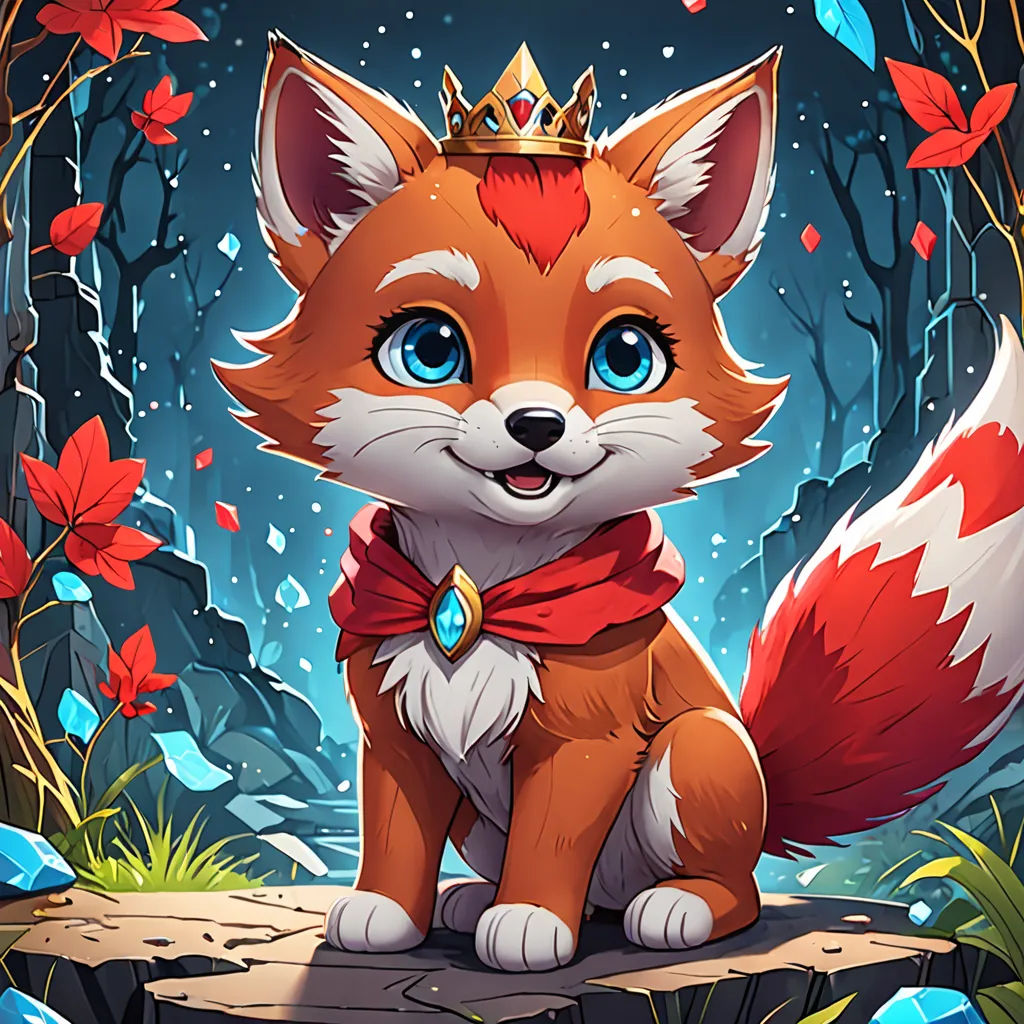 a cartoon fox with a crown on its head sitting on a rock in the woods with leaves and flowers, sots art, a character portrait, Fan Qi, league of legends splash art