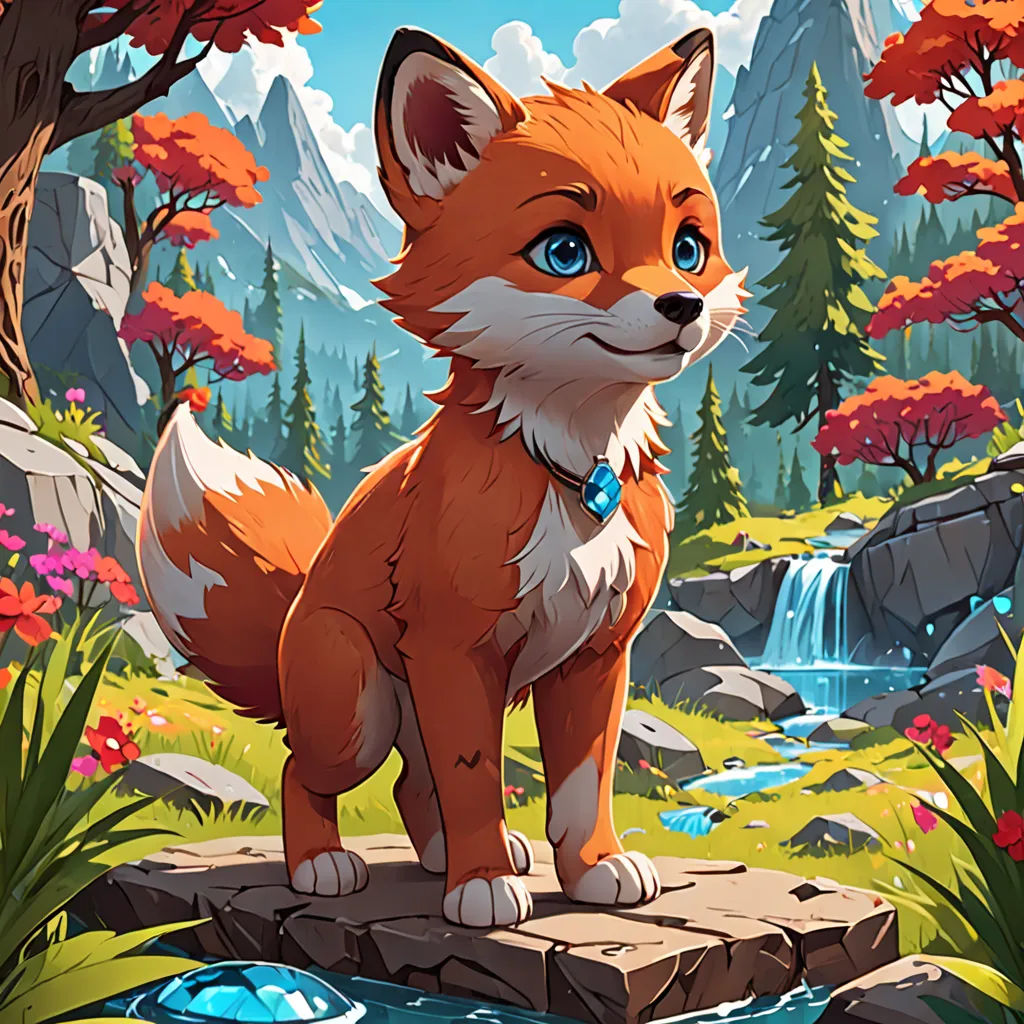 a fox standing on a rock in a forest with a waterfall and trees in the background, with a blue sky and clouds, furry art, a character portrait, Cyril Rolando, official art