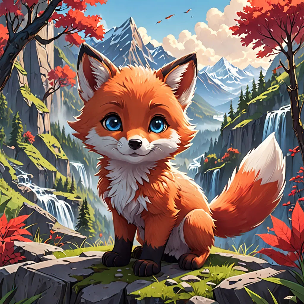 a fox sitting on a rock in a forest with a waterfall in the background and a sky with clouds, furry art, a detailed painting, Andrey Esionov, official art