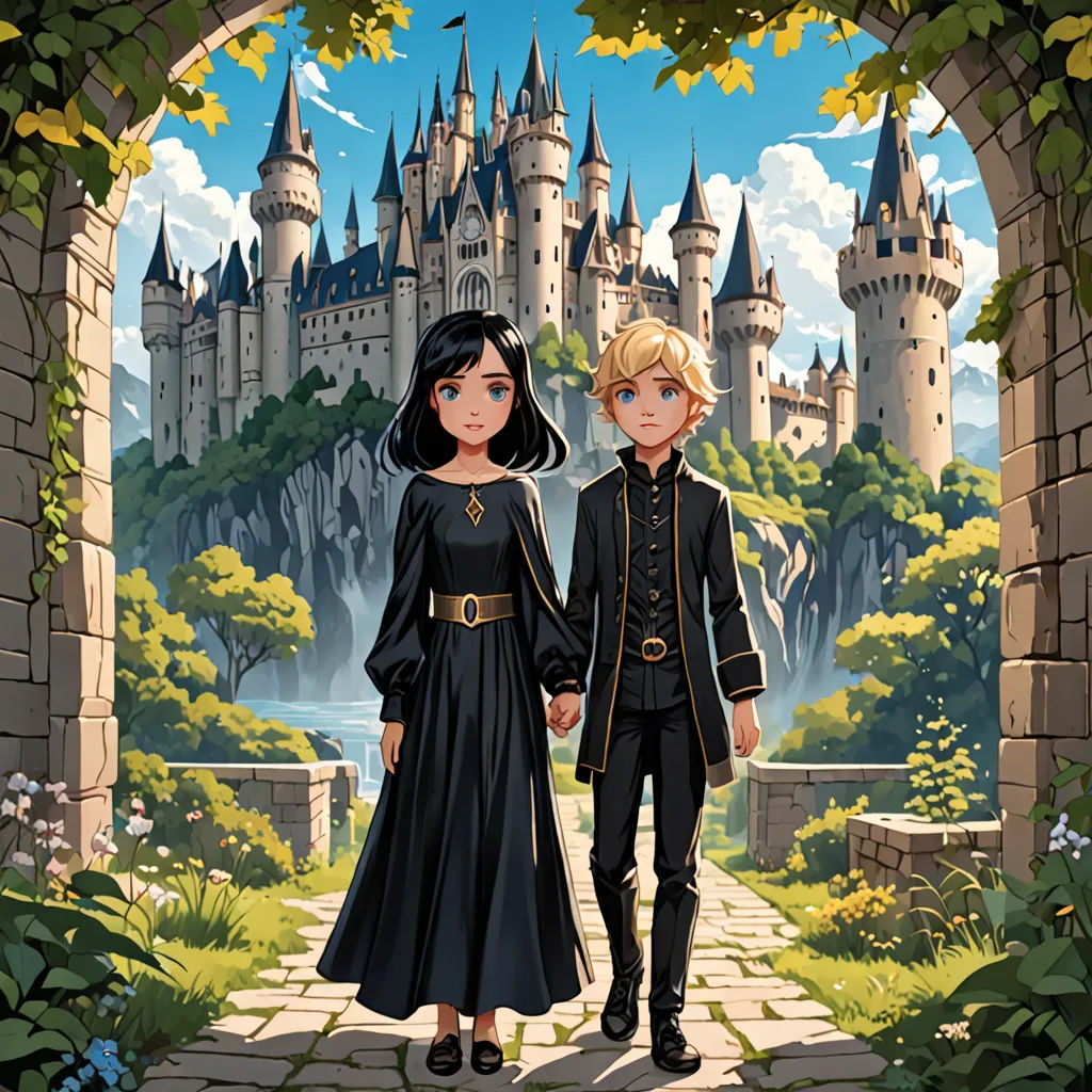 a couple of people standing in front of a castle entrance with a castle in the background and a castle in the background, fantasy art, a storybook illustration, Cliff Childs, key art