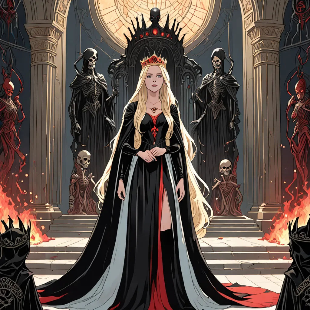 a woman in a black and red dress standing in front of a throne with skulls on it and a clock, gothic art, a comic book panel, Ayami Kojima, comic cover art