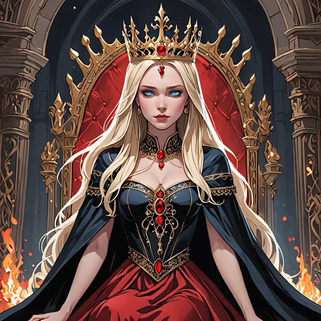 a woman in a red dress sitting on a throne with a crown on her head and a red dress on her body, fantasy art, a character portrait, Charlie Bowater, comic cover art