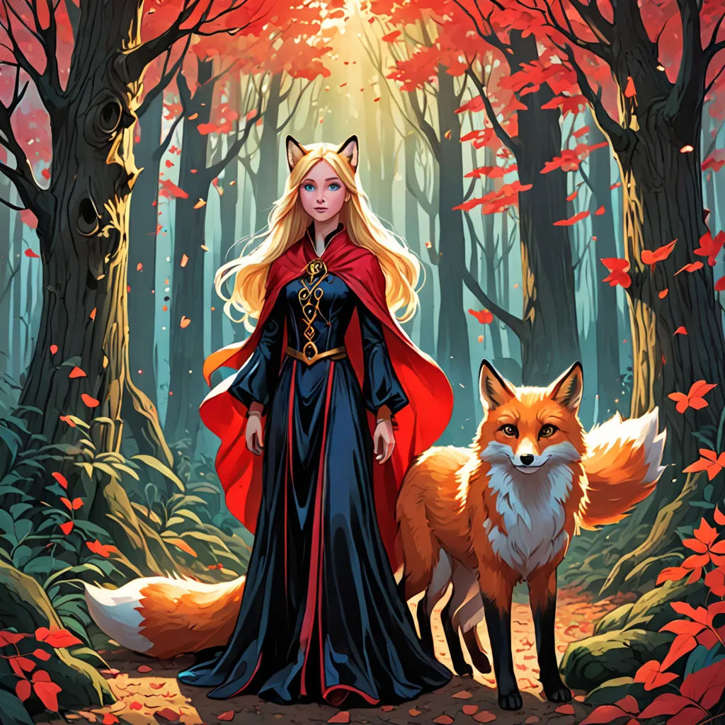 a woman in a red cloak standing in a forest with a fox in front of her and a red fox in the background, fantasy art, a storybook illustration, Anne Stokes, official art