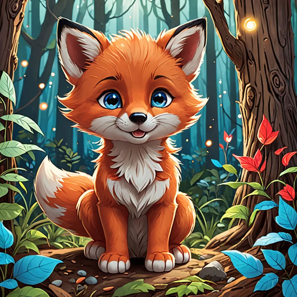 a cartoon fox sitting in the middle of a forest with a light shining on it's face and eyes, furry art, a storybook illustration, Andrey Esionov, official art