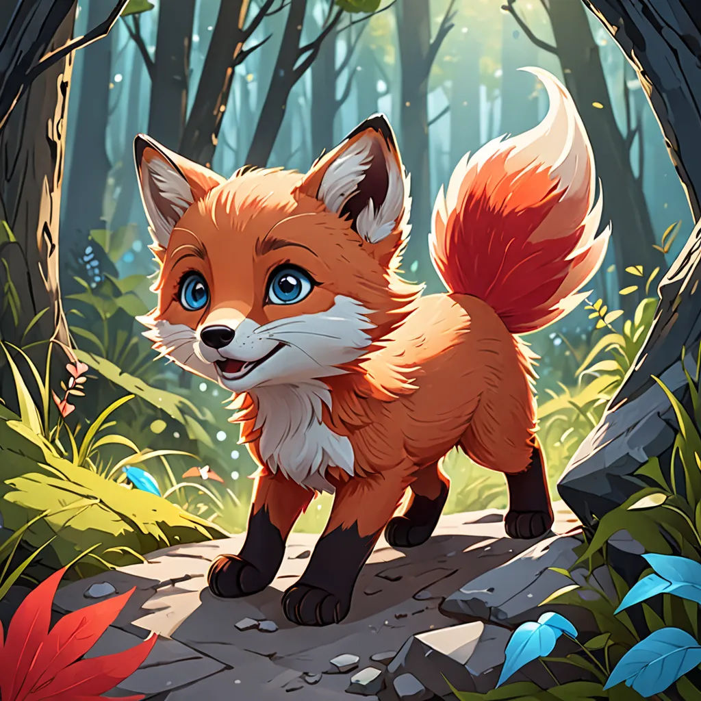 a cartoon fox standing in a forest with a butterfly on its tail and a butterfly on its nose,, furry art, concept art, Cyril Rolando, official art