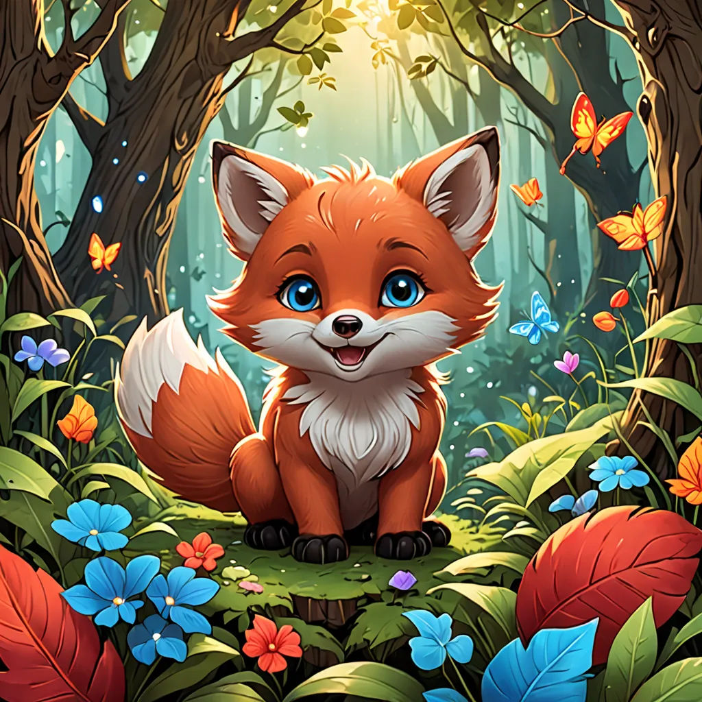 a cartoon fox sitting in the middle of a forest with butterflies and flowers around it, with a bright light coming from behind it, furry art, a storybook illustration, Cyril Rolando, official art