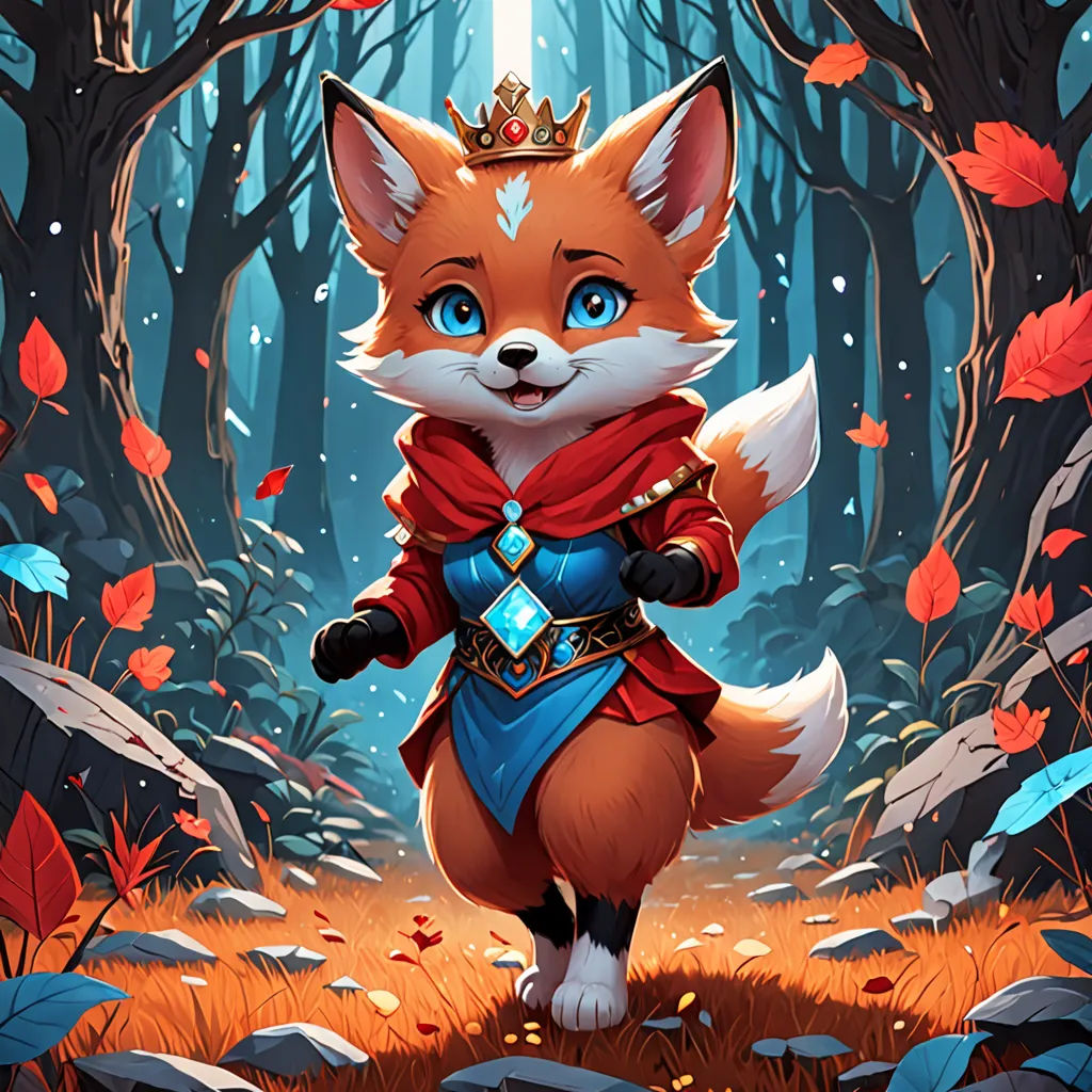 a fox in a red cloak and a blue cape is standing in a forest with leaves and rocks, with a glowing light shining on its face, furry art, a character portrait, Alice Prin, official art