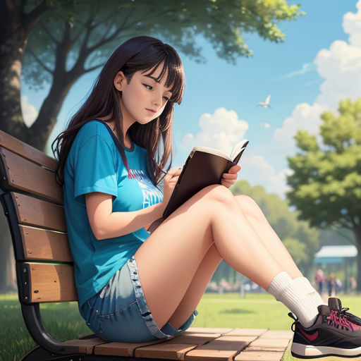 Delighted teen girl sitting in meadow and drawing in sketchbook