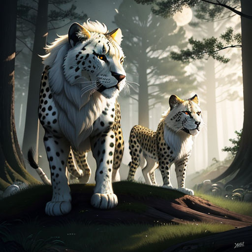 a couple of animals standing on top of a forest floor next to a forest filled with trees and bushes