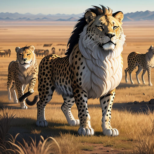 a group of cheetah and lions in a field of grass and dirt with mountains in the background