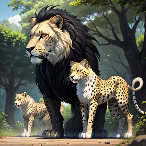 a lion and two cubs standing in the woods together, with trees in the background and a sky background