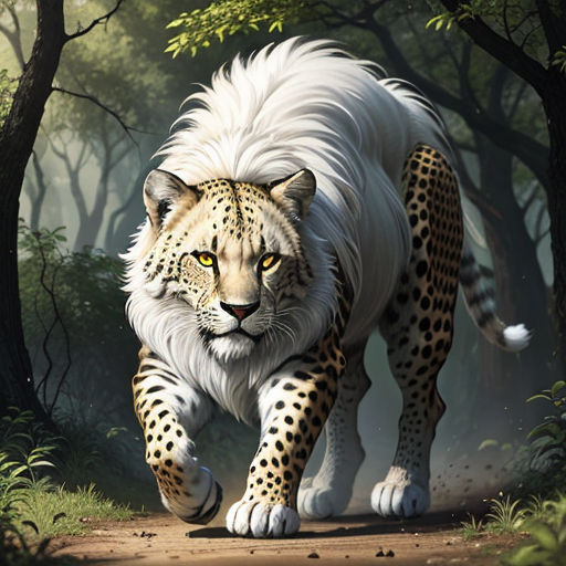 a painting of a white tiger walking through a forest with trees and bushes on either side of it's face