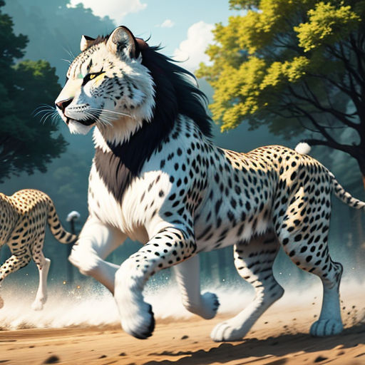 a painting of a running cheetah and two cheetah cubs in the wild, with trees in the background
