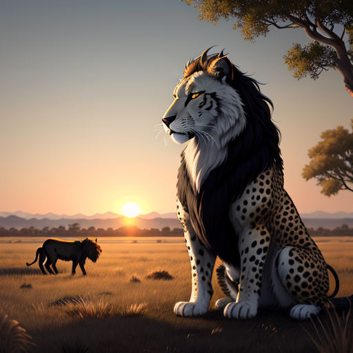 a lion and a hyena are sitting in the grass at sunset, with a lone animal in the background