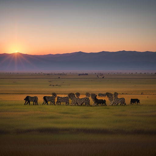 a herd of zebras and giraffes walking across a field at sunset with mountains in the background