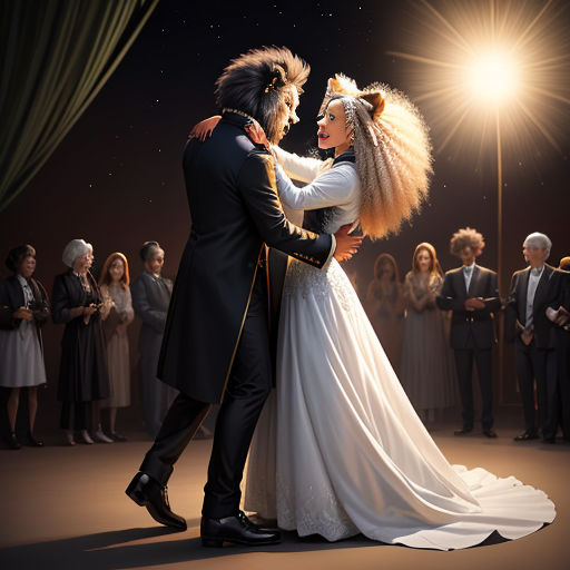 a man and woman in a wedding dress dancing in front of a crowd of people at night time with a spotlight