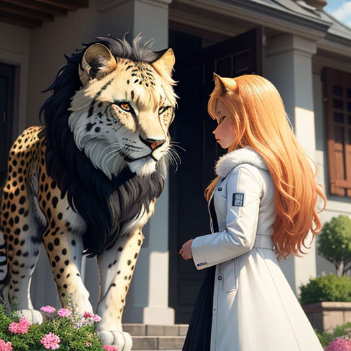 a woman standing next to a large stuffed animal on a sidewalk next to a building with a cat on it