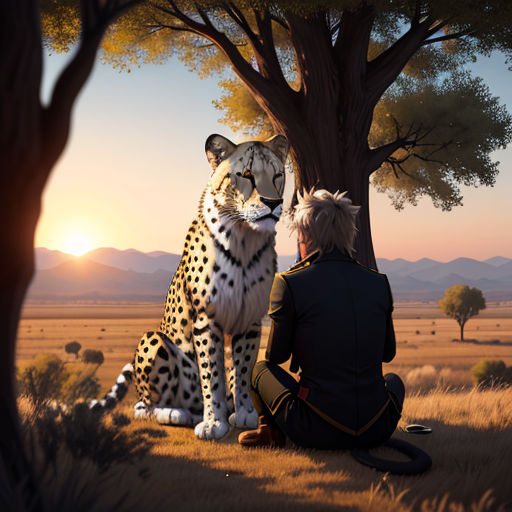 a man sitting next to a cheetah under a tree on a field of grass and trees with mountains in the background