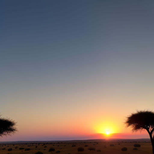 a sunset over a plain with a lone tree in the foreground and a distant horizon in the background
