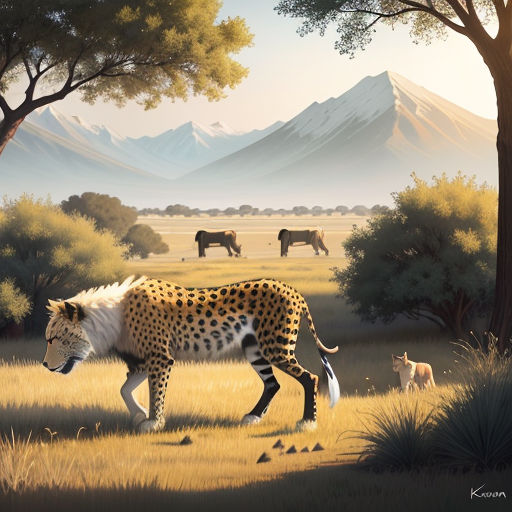 a painting of a cheetah and other animals in a field with trees and mountains in the background