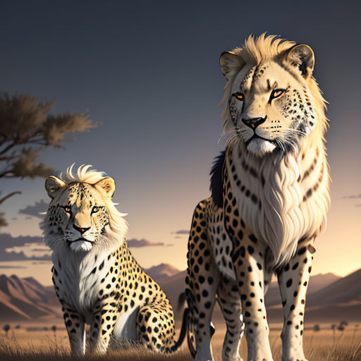 a couple of cheetah standing next to each other on a field of grass and trees with a sky background