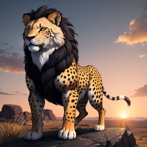 a lion standing on a rock in the desert at sunset with a sky background and clouds in the background