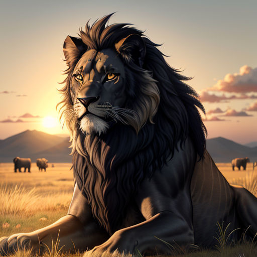 a lion sitting in a field with other animals in the background at sunset or dawn, with a sky background