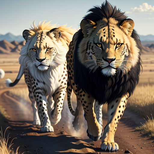 two lions walking down a dirt road in the wild together, with mountains in the background, and a blue sky with clouds