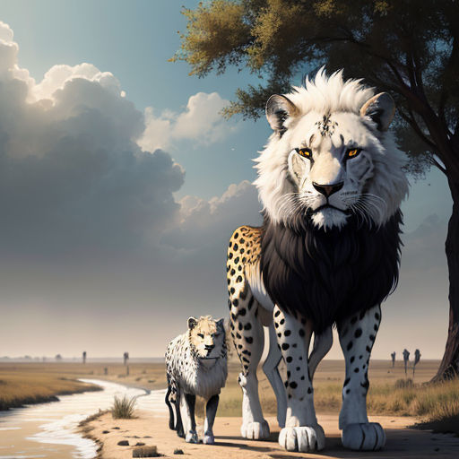 a painting of a lion and a cheetah walking down a dirt road with a tree in the background