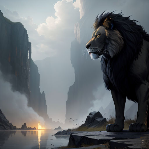 a lion standing on a rock next to a body of water with a mountain in the background and a lake in the foreground