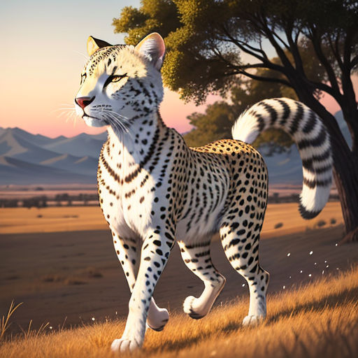 a painting of a cheetah running in a field with trees in the background and a sunset in the background