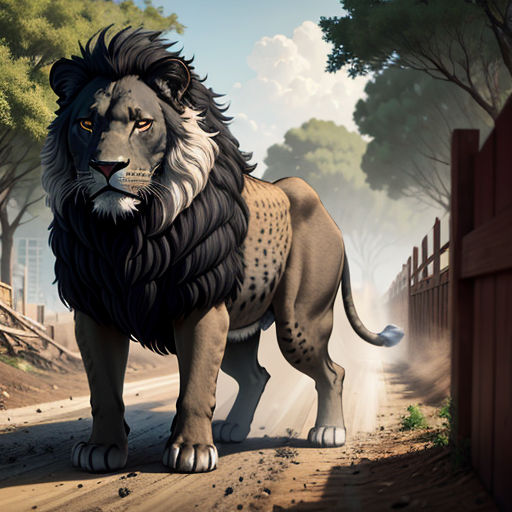 a lion standing on a dirt road next to a fence and trees with a sky background and a red fence