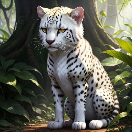 a white and black cat sitting in the middle of a forest with trees and bushes behind it and a light shining on the cat