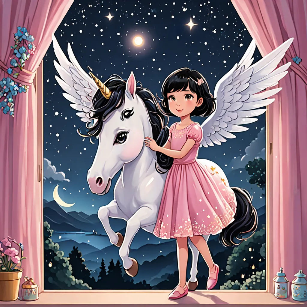 a girl in a pink dress riding a white horse in front of a window with a pink curtain and a pink curtain, fantasy art, a storybook illustration, Anne Stokes, storybook illustration