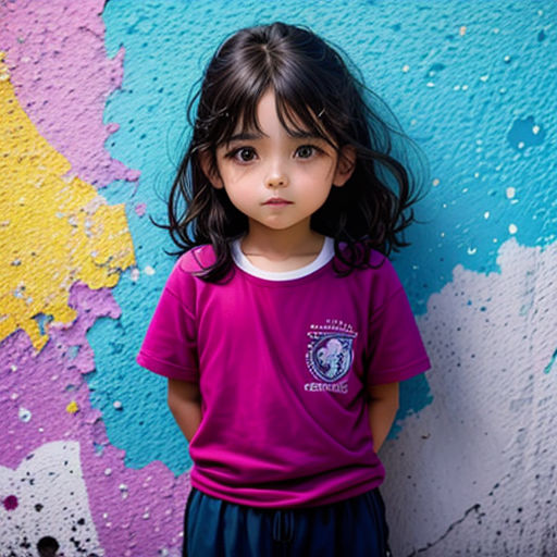 a little girl standing in front of a colorful wall with a blue and yellow paint splattered on it
