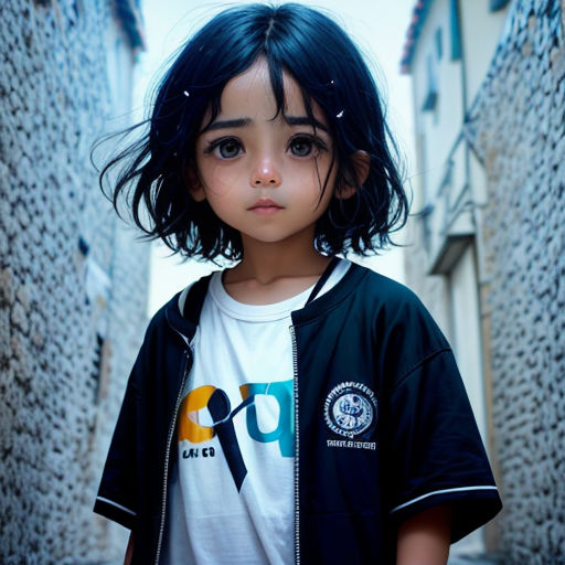 a young girl with black hair standing in a narrow alleyway with a white shirt on and a black jacket on